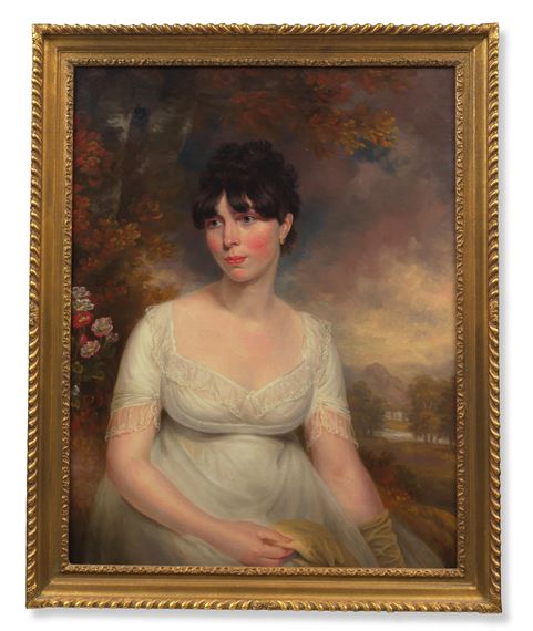 Artwork by Peter Paillou, Portrait of John Liven, half-length, seated in a landscape; and Portrait of his sister Ann, half-length, in a white dress seated in a landscape, Made of a pair, oil on canvas