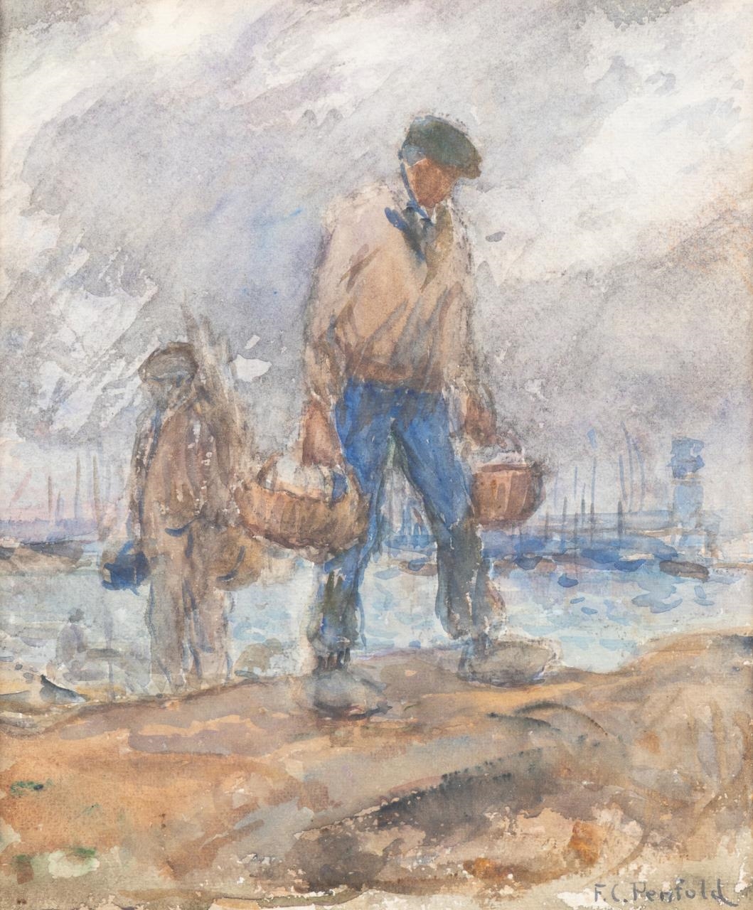 Artwork by Frank C. Penfold, Untitled - Fishermen with Baskets - c, Made of watercolor on paper