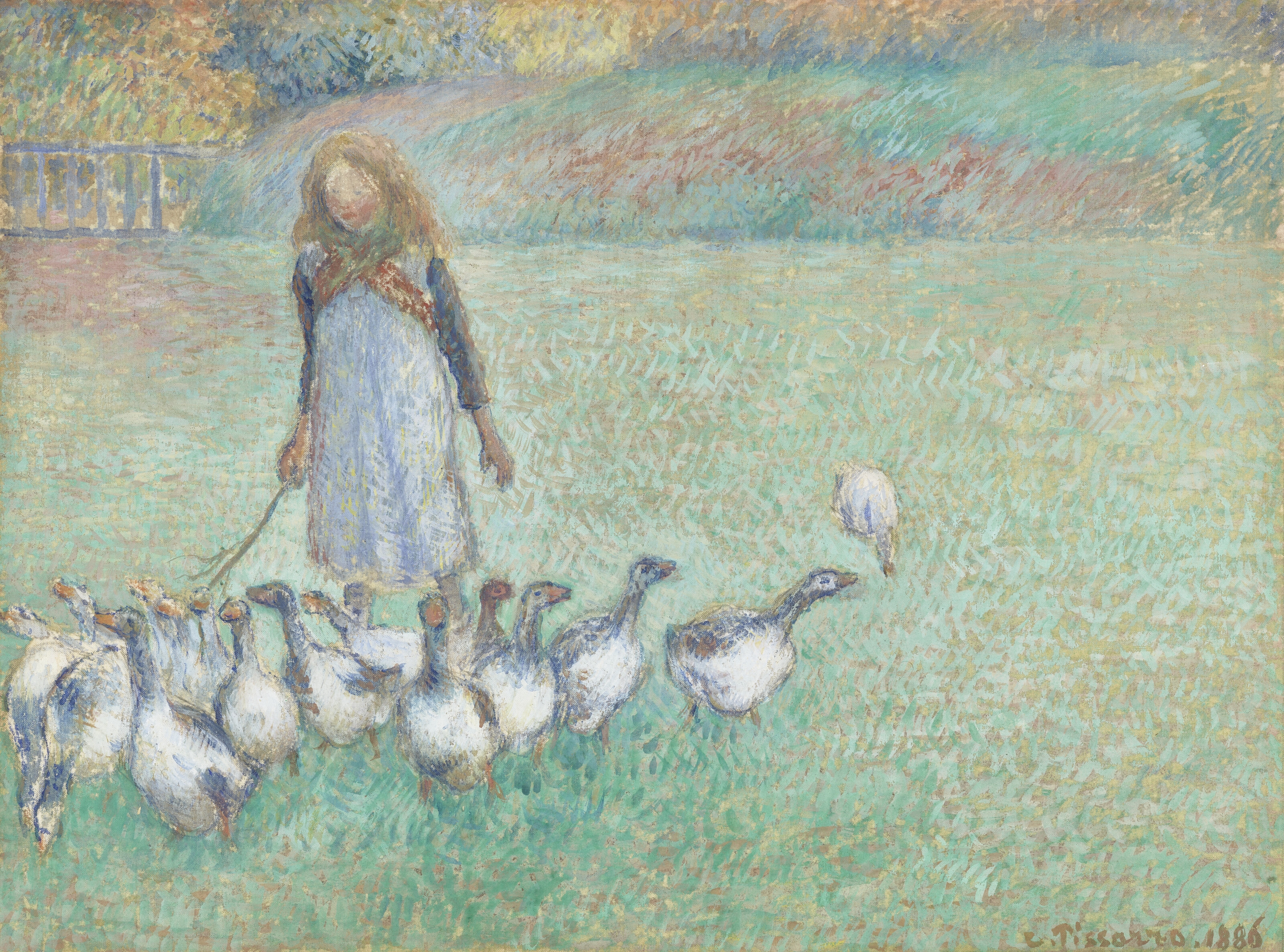 Artwork by Camille Pissarro, Petite gardeuse d'oies, Made of gouache on silk laid down on paper