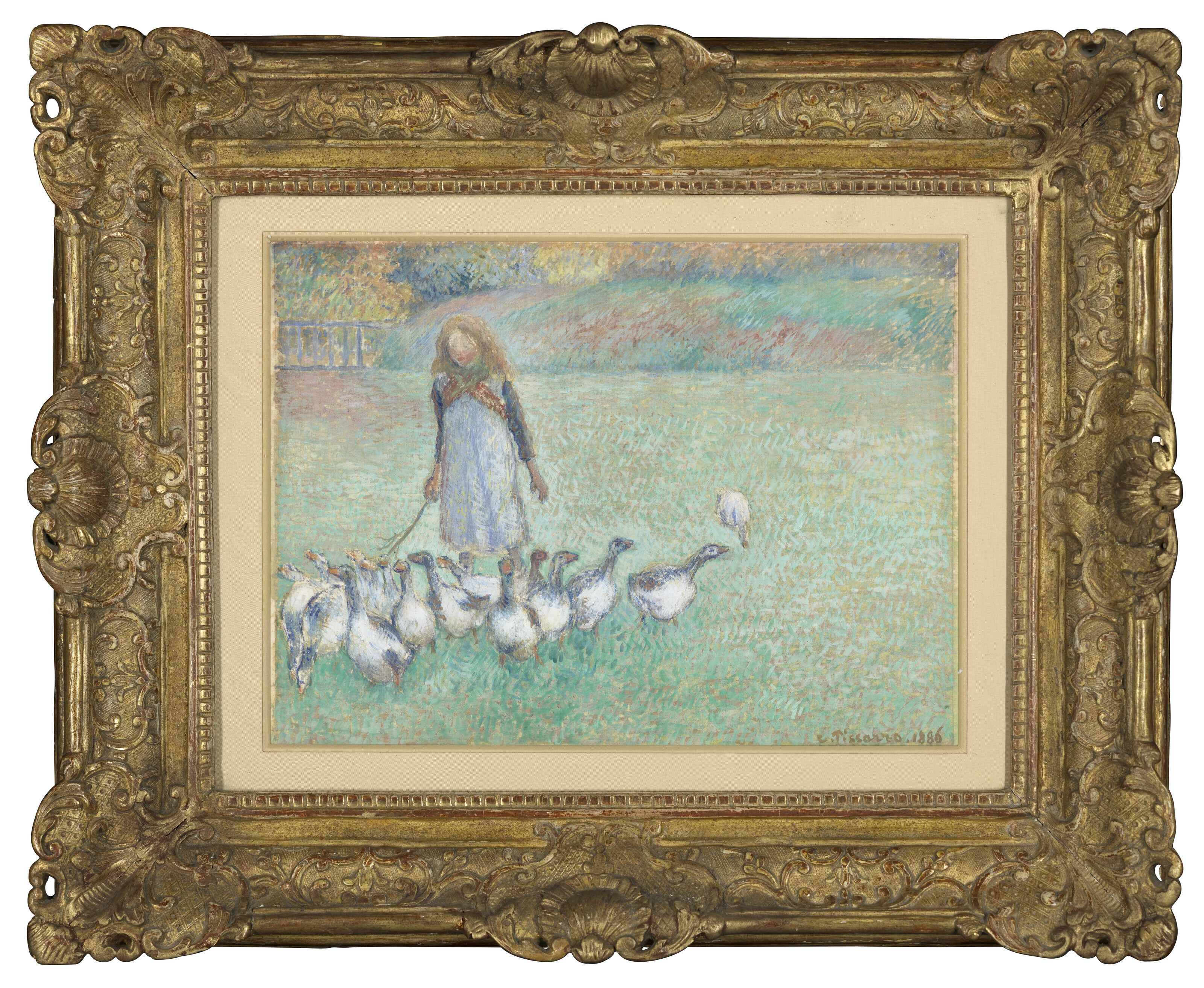 Artwork by Camille Pissarro, Petite gardeuse d'oies, Made of gouache on silk laid down on paper