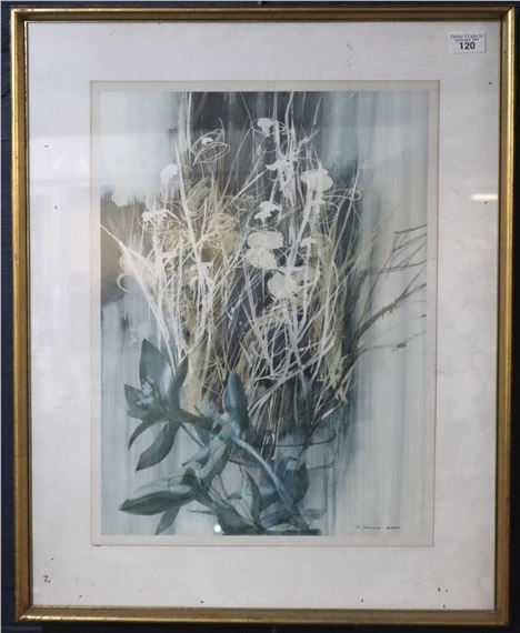 F , still life study of flowers and reeds in a vase. .cm approx. Framed and glazed by Fredrich Donald Blake