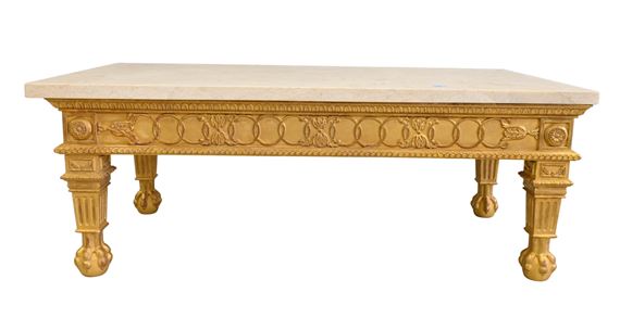 Attributed to Jonathan Sainsbury Neoclassical Custom Gilt Decorated Coffee Table having Marble Top by Jonathan Sainsbury