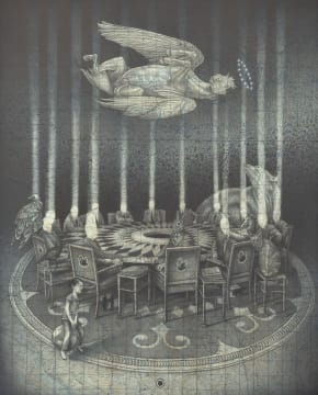 Artwork by Stephen Rosin, Round and Round It Goes, Where It Ends No One Knows, Made of gouache, and coloured pencil on found