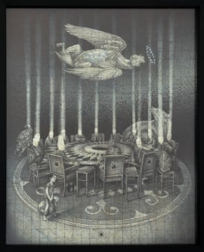 Artwork by Stephen Rosin, Round and Round It Goes, Where It Ends No One Knows, Made of gouache, and coloured pencil on found