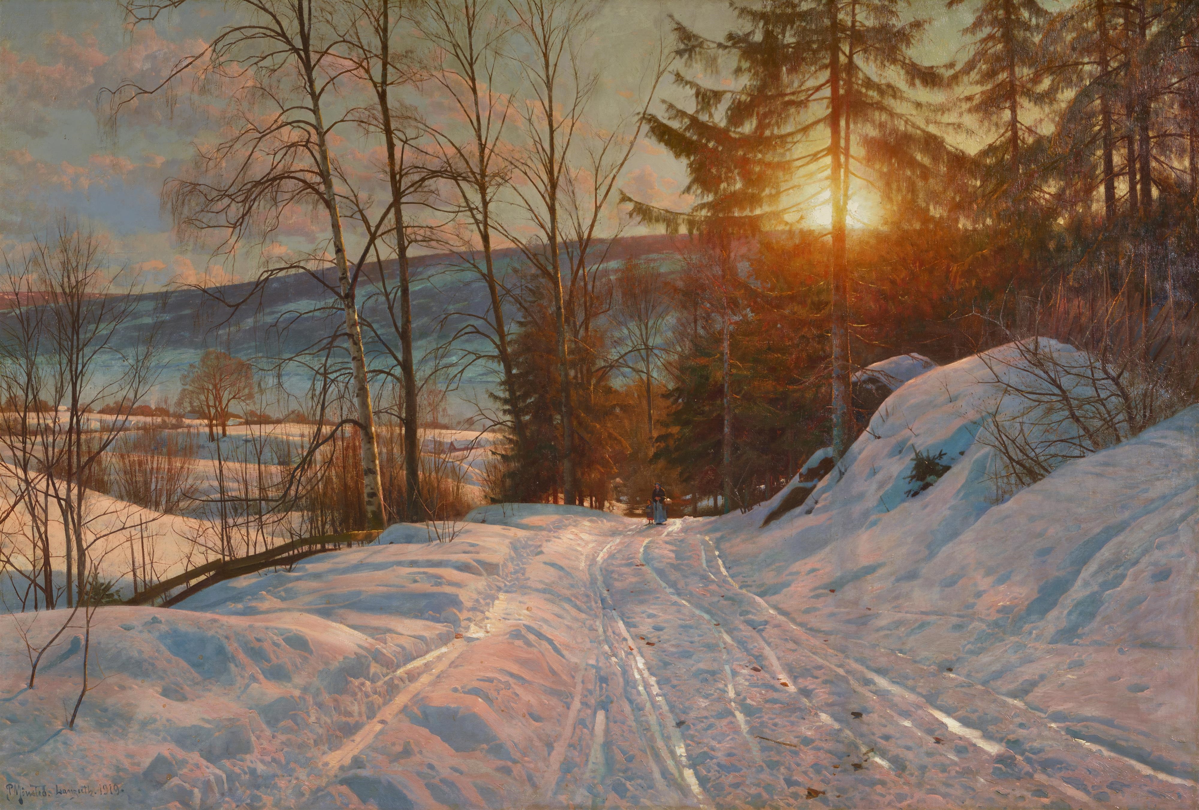 Artwork by Peder Mork Monsted, Winter Sunset, Made of Oil on canvas