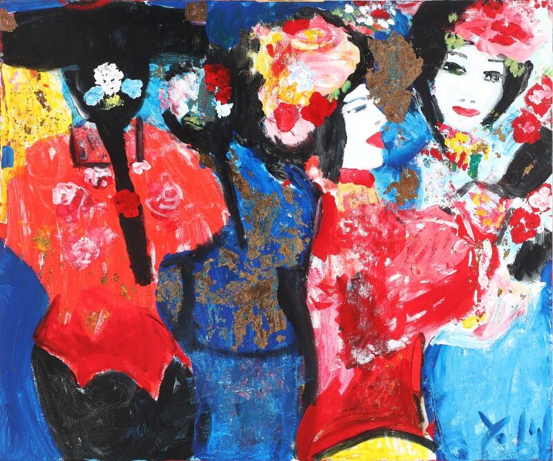 Artwork by Yrsa Isabel Lind, Composition with women, Made of Acrylic and gold leaf on canvas