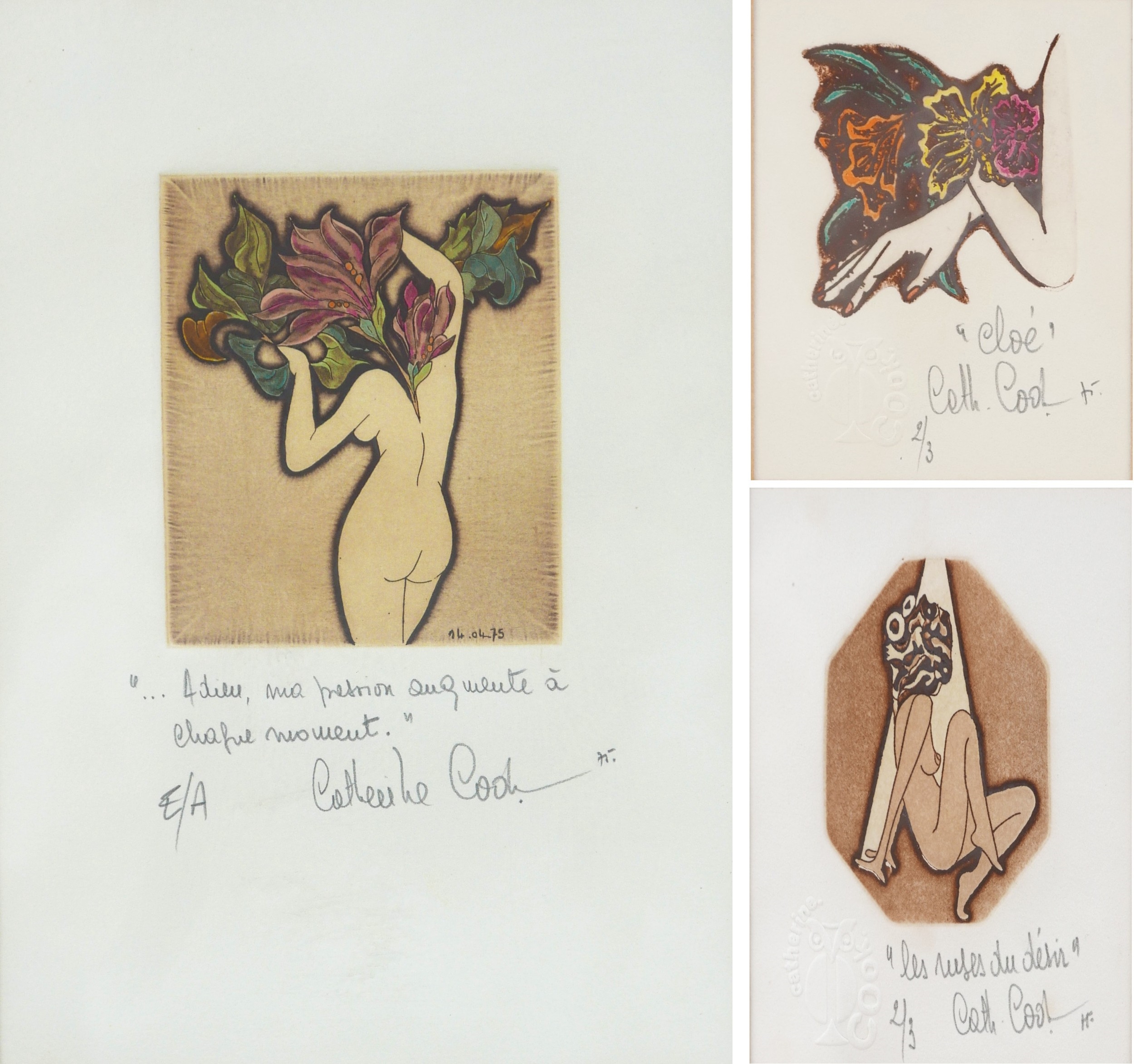 Artwork by Catherine Cook, A collection of three Catherine Cook , all with French inscriptions and signatures, Made of lithographs