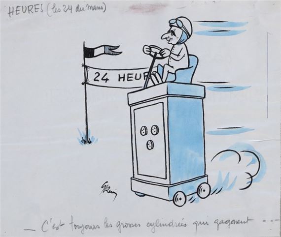 The 24 hours of Le Mans are always won by big cars.  signed center left. 20 x 23 cm on view by Grum