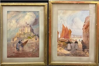 Lex de Renault, (French, late 19th, early 20th century), Mont-Saint-Michel Abbey, signed, dated 1908, watercolour, 54cm x 36.5cm; another, Red Sails by Mont-Saint-Michel, signed, dated ‘09, (2). - Lex De Renault