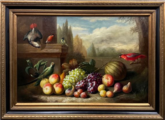 After Friederike Meinert, Classical Still life study with fruits, and Exotic birds, signed, oil on canvas, 61cm x 91.5cm. - Friedrike Meinert