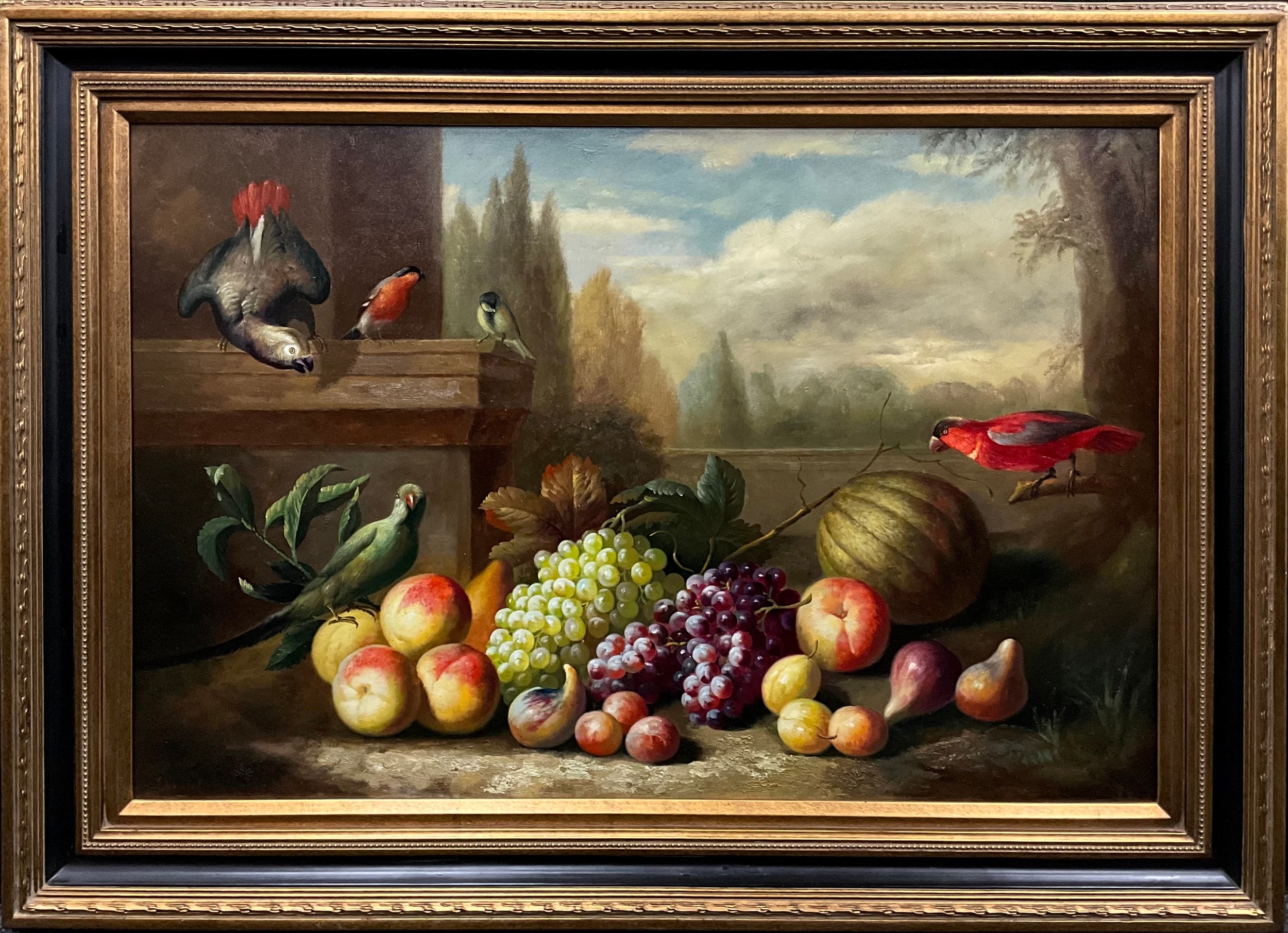 Artwork by Friedrike Meinert, After Friederike Meinert, Classical Still life study with fruits, and Exotic birds, signed, oil on canvas, 61cm x 91.5cm., Made of oil on canvas
