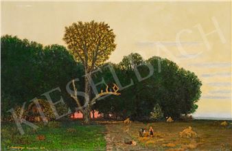 In the Open-Air (Twilight View with Oak Tree and Hut - Gyula Gundelfinger