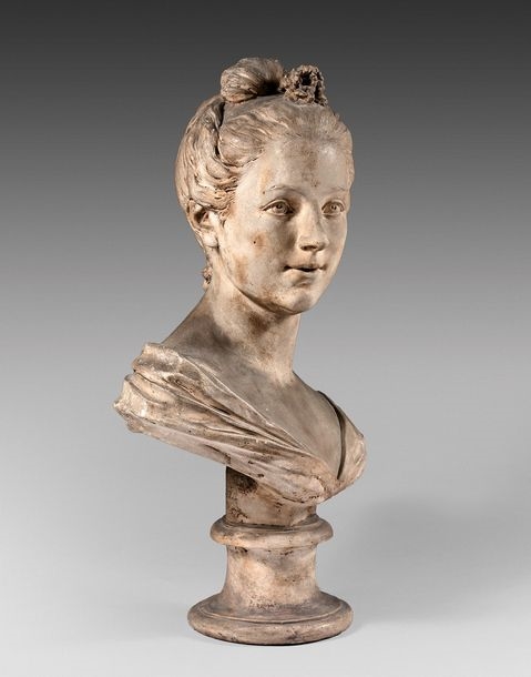 Artwork by Guillaume Coustou II, Portrait of Marguerite Le Comte PLASTER BUST with traces of an old brown patina, Made of plaster bust
