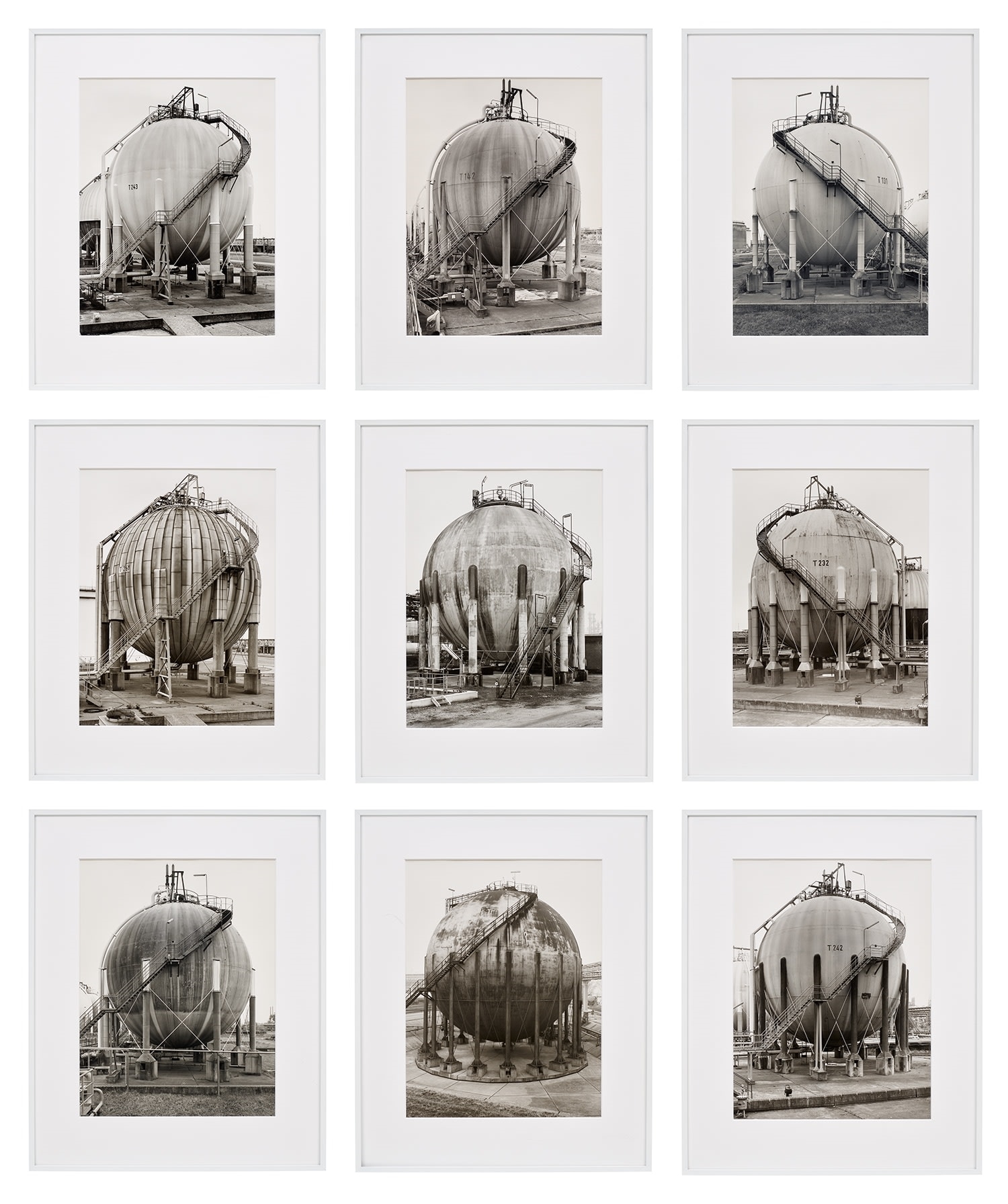 Artwork by Bernd & Hilla Becher, Gas Tanks (Spherical, Made of black and white photographs, in 9 parts