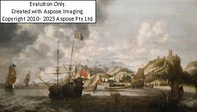 Men o’ War in choppy waters near a mountainous coastline by Bonaventura Peeters I, 1644