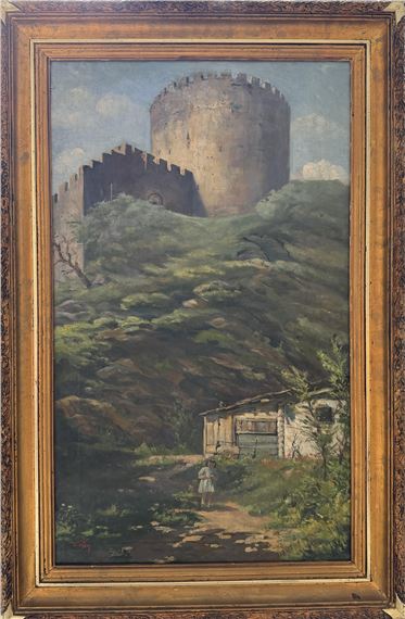 Rumeli Hisarı Önünde Kız Çocuğu, İmzalı, Tuval üzerine yağlıboya, 83 x 50 cm by Sirri Eldem