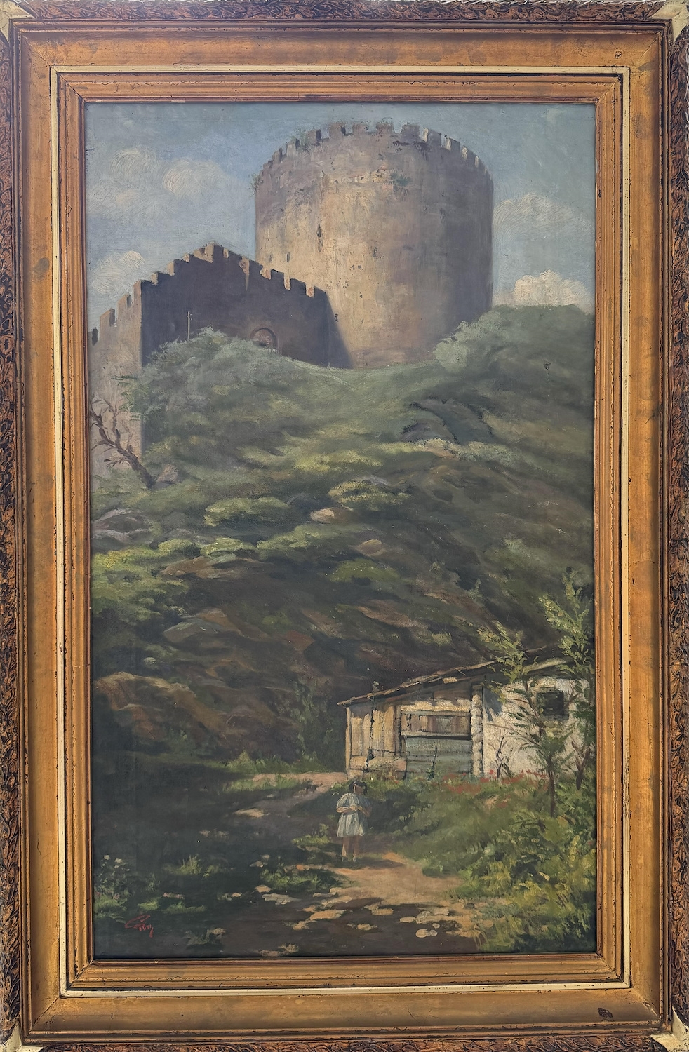 Artwork by Sirri Eldem, Rumeli Hisarı Önünde Kız Çocuğu, İmzalı, Tuval üzerine yağlıboya, 83 x 50 cm, Made of oil on canvas