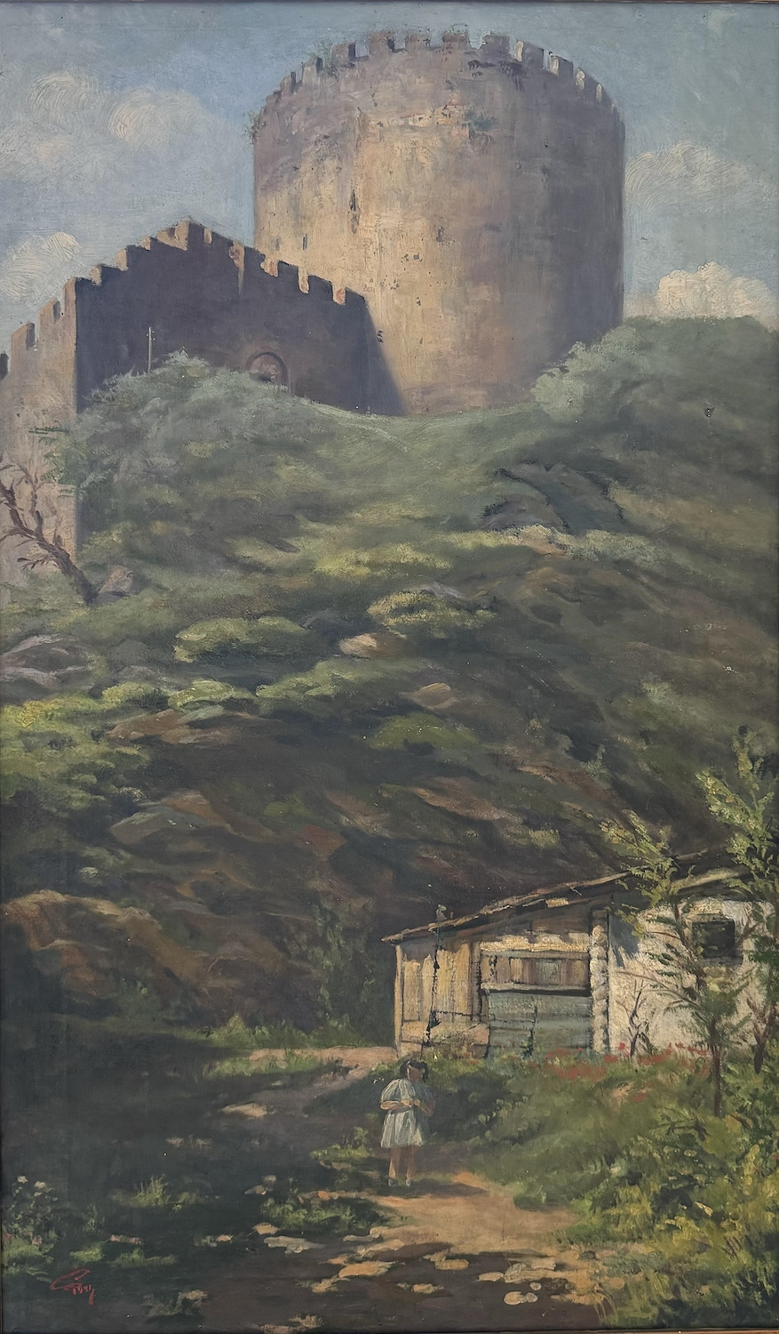 Artwork by Sirri Eldem, Rumeli Hisarı Önünde Kız Çocuğu, İmzalı, Tuval üzerine yağlıboya, 83 x 50 cm, Made of oil on canvas