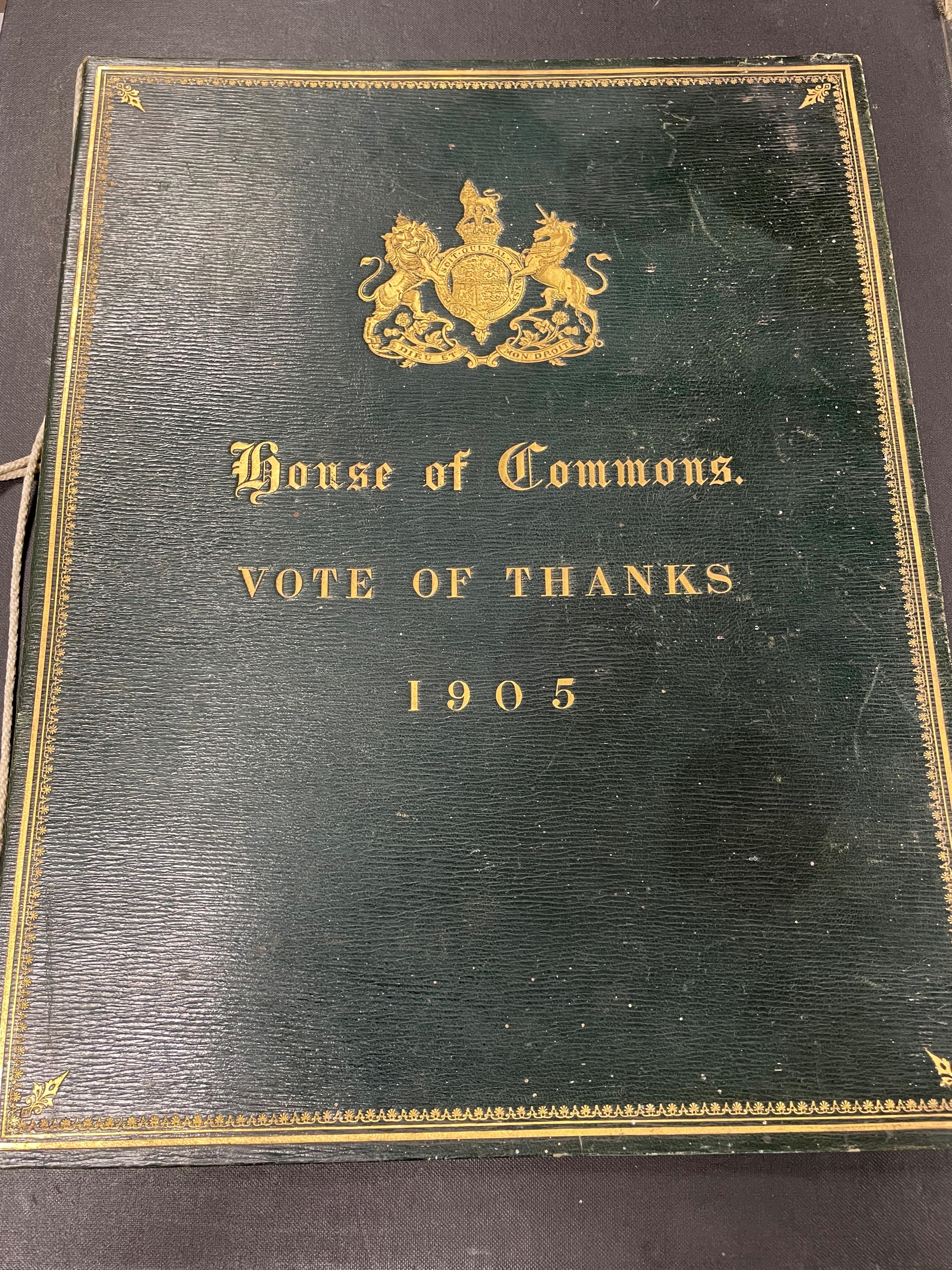Artwork by William Court, GULLY (William Court; Speaker of the House of Commons) Presentation leather desk blotter 1905, Made of printed and gilded