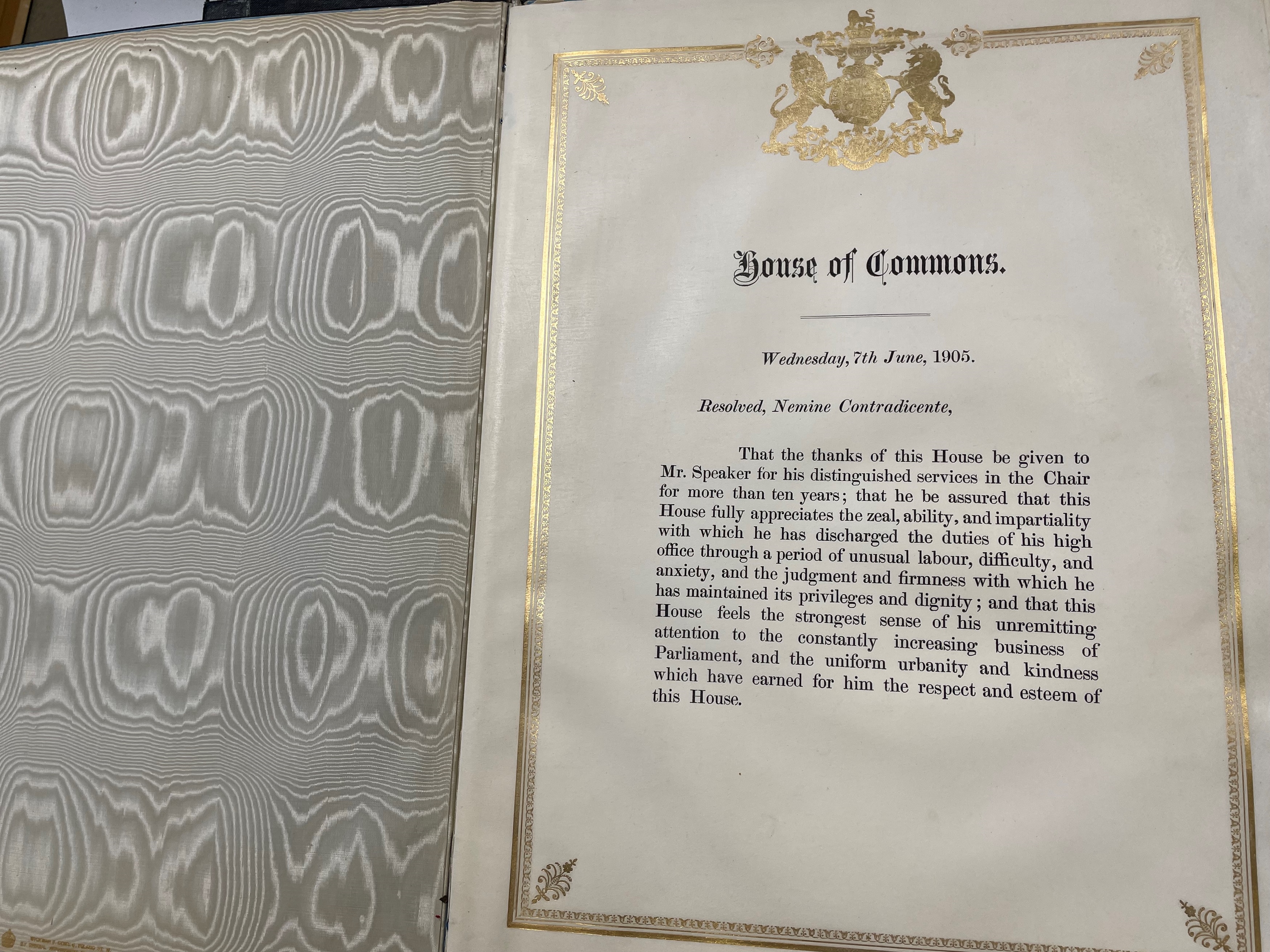 Artwork by William Court, GULLY (William Court; Speaker of the House of Commons) Presentation leather desk blotter 1905, Made of printed and gilded