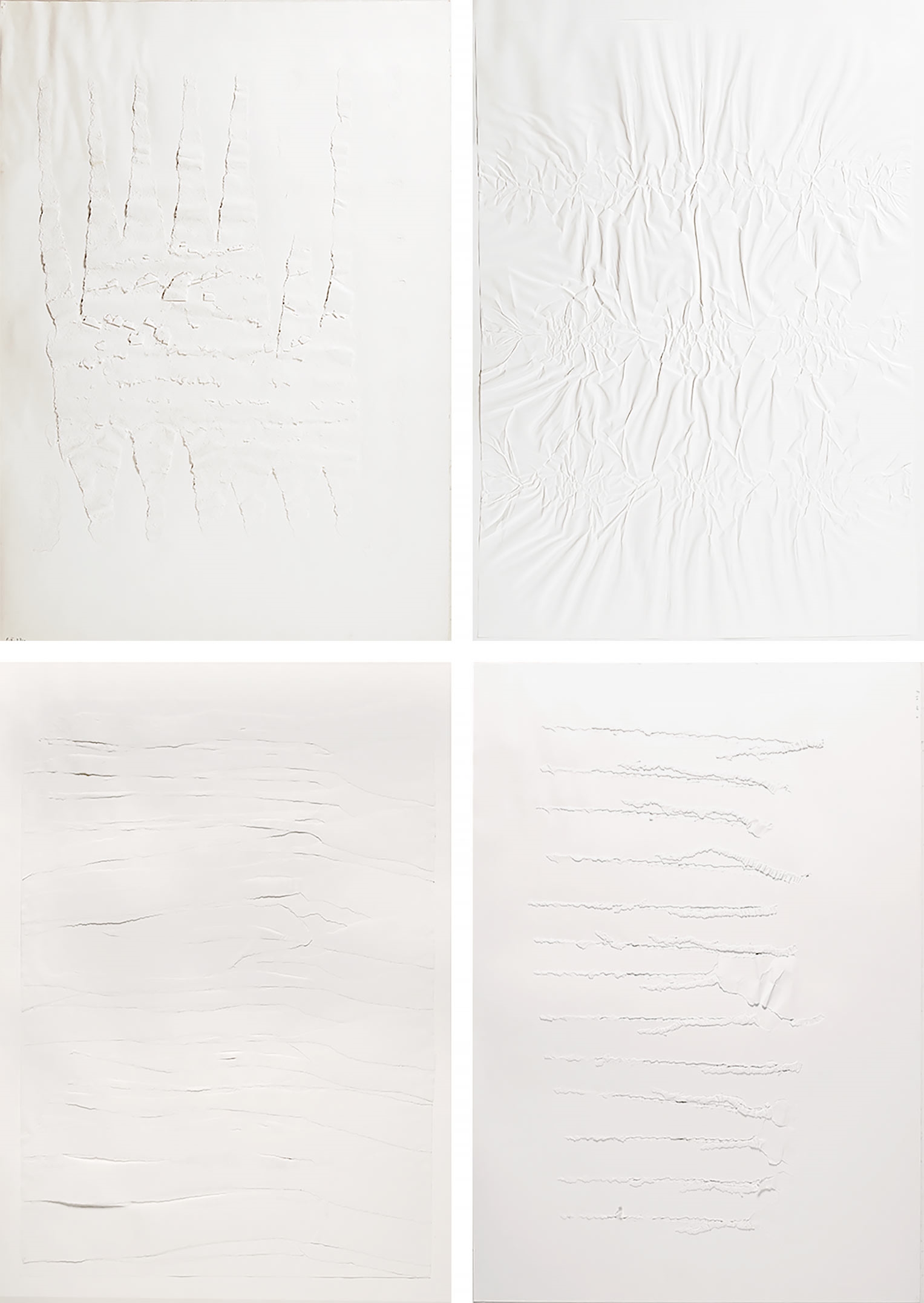 Artwork by Oskar Holweck, Konvolut von vier individuell gestalteten Papierreliefs, davon drei Reißreliefs sowie ein Knickrelief. 1969-74. Jeweils 70 x 100 bzw. 100 x 70 cm