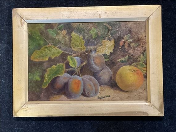 still life with plums and an apple by Alfred William Strutt