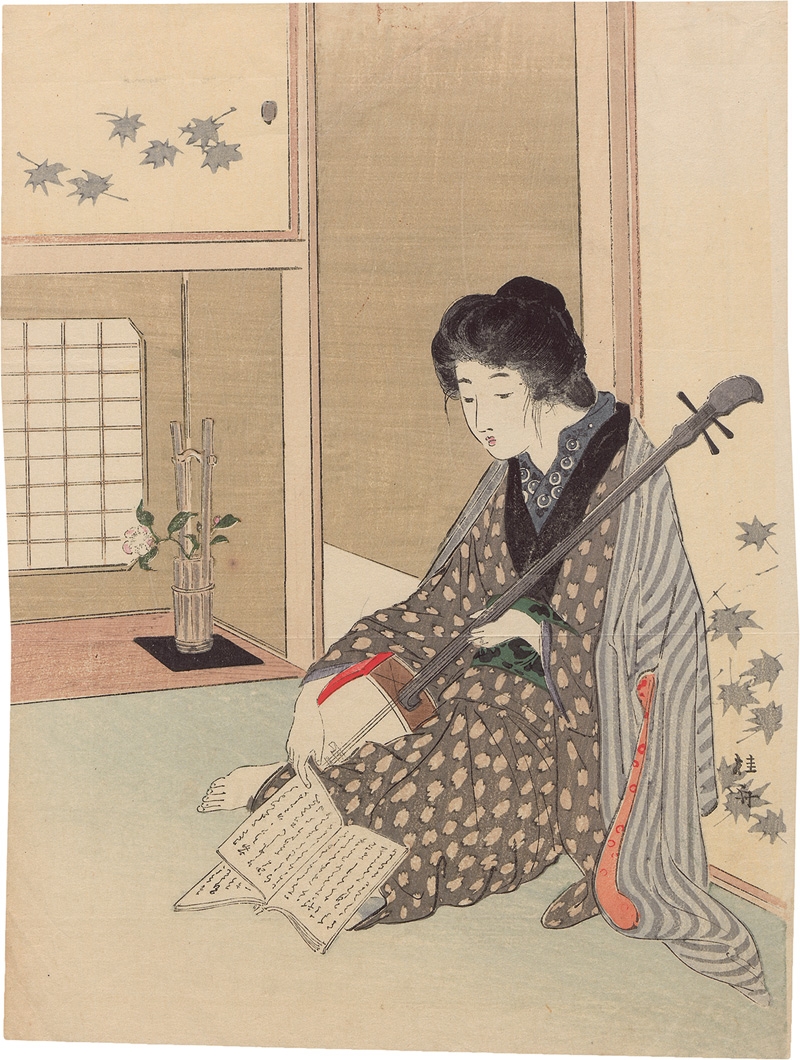 Artwork by Takeuchi Keishu, Bijin beim Shamisenspiel, Made of Ukiyo-e Farbholzschnitt