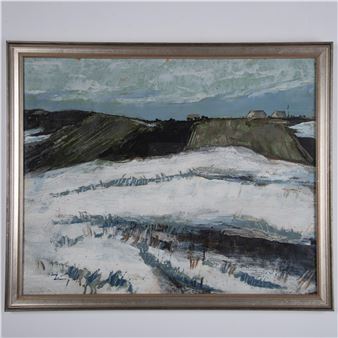 A large acrylic painting on board, capturing a snow-covered countryside with a few buildings in the distant background - Georgiy Kosmatchov