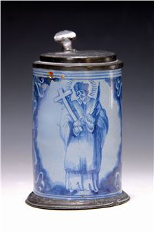 Nuremberg faience jug, in the style of AndreasKordenbusch, St. Nepomuk, on a light blue background,  base and tin lid, restored and decorated on the edge, height - Andreas Kordenbusch