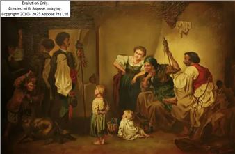 Interior scene with figures in regional dress;  - Franz Könemann