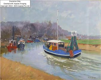 Beryle Bell,  British 1932-2015 -  Blue fishing boat coming into harbour, 1988;  oil on board, signed and dated lower right 'B - Beryle Bell