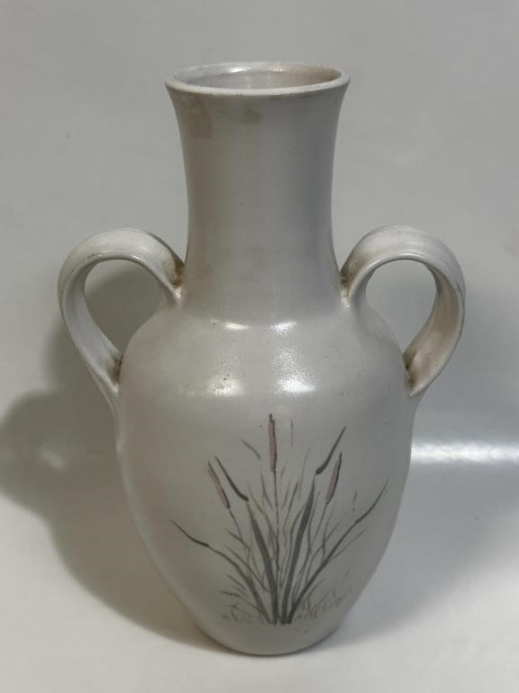Artwork by Jack Burke, PRETTY JACK BURKE DOUBLE HANDLED POTTERY VASE, Made of POTTERY
