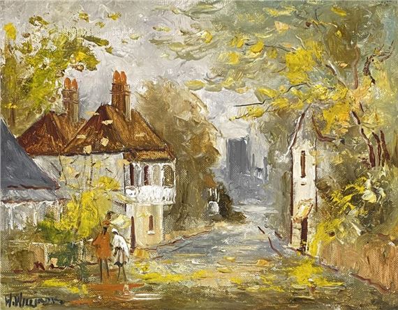 A vibrant impressionist painting of a sunlit village street with figures walking past a house.