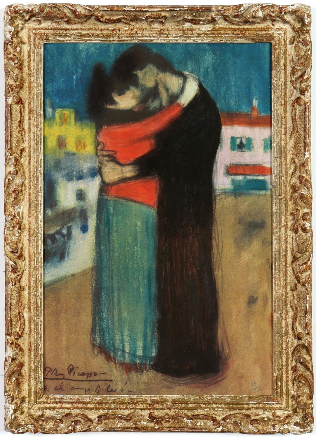 Artwork by Pablo Picasso, Daniel Jacomet, PABLO PICASSO, ‘Lovers in the street’ Hand Numbered  Suite: Les Bleus de Barcelona Edition – Printed by Daniel Jacomet French Montparnasse framecm xcm, Made of Pochoir in colours