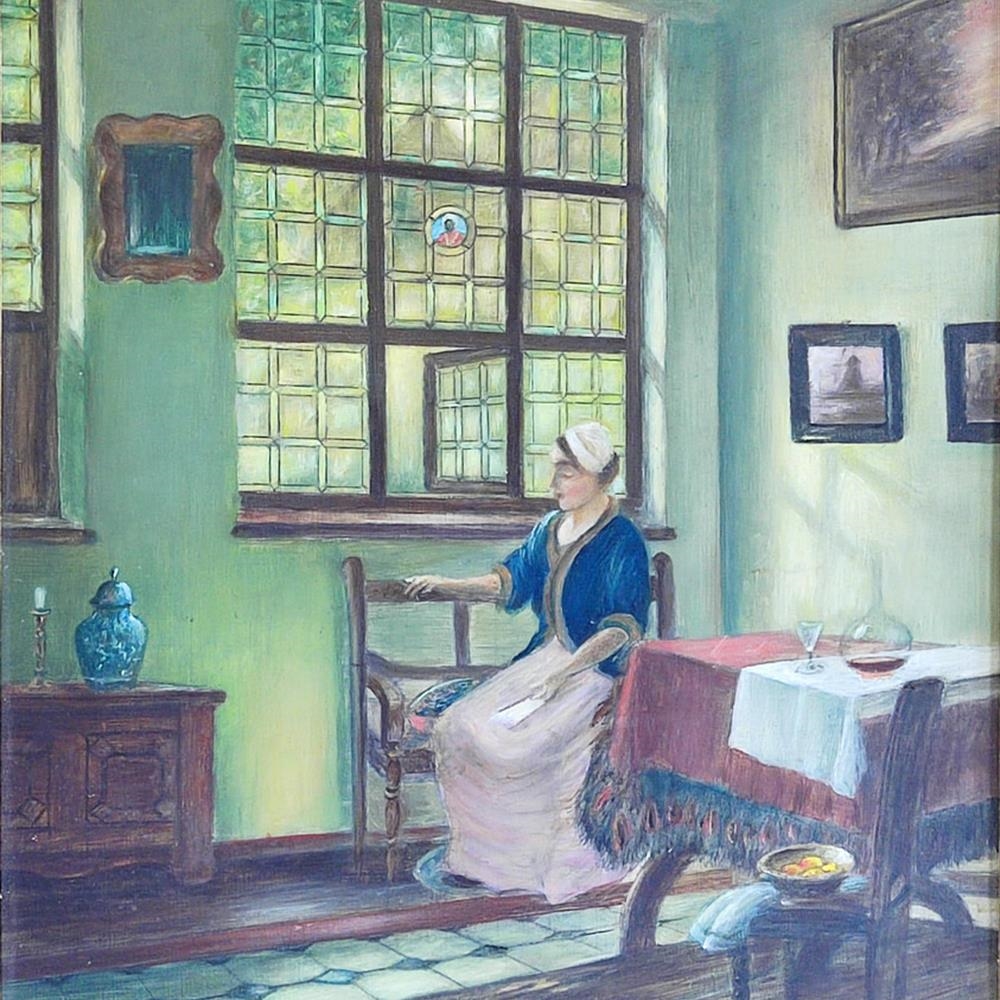 Artwork by E. Geisenstösser, Holländerin in der Stube, Made of oil on board