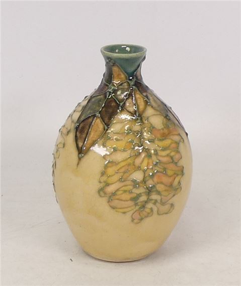 Lise B. Moorcroft Small Handthrown Vase in the Laburnum Design 2001. Glaze fault to body. Height: 10.5cm