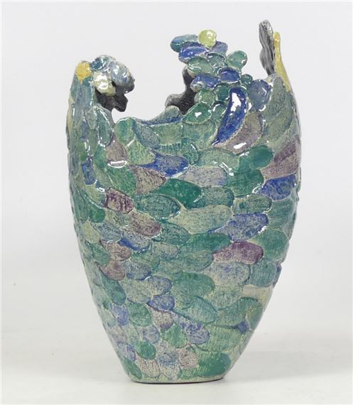 Lise B. Moorcroft Hand Built and Carved Feather Design Vase. Height: 23cm