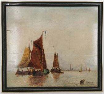 " Dutch flat-bottomed ships in front of a distant city silhouette" - Martin Hermann