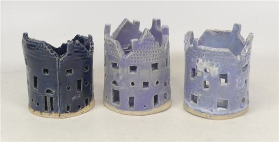 Lise B. Moorcroft, Three Handbuilt Tealight Holders in the form of Houses. Height: 10cm by Lise B. Moorcroft