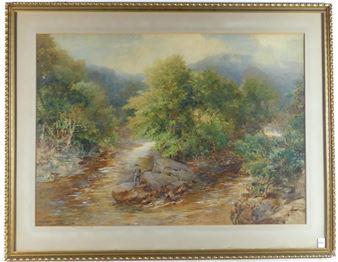 Original watercolour on paper depicting a river landscape scene with fly fisherman - Arthur Hopkins