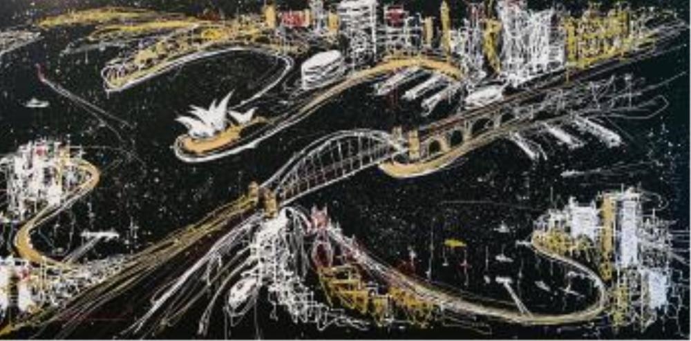Mark Hanham | Original Mark Hanham Sydney Harbour At Night. Mixed Media ...