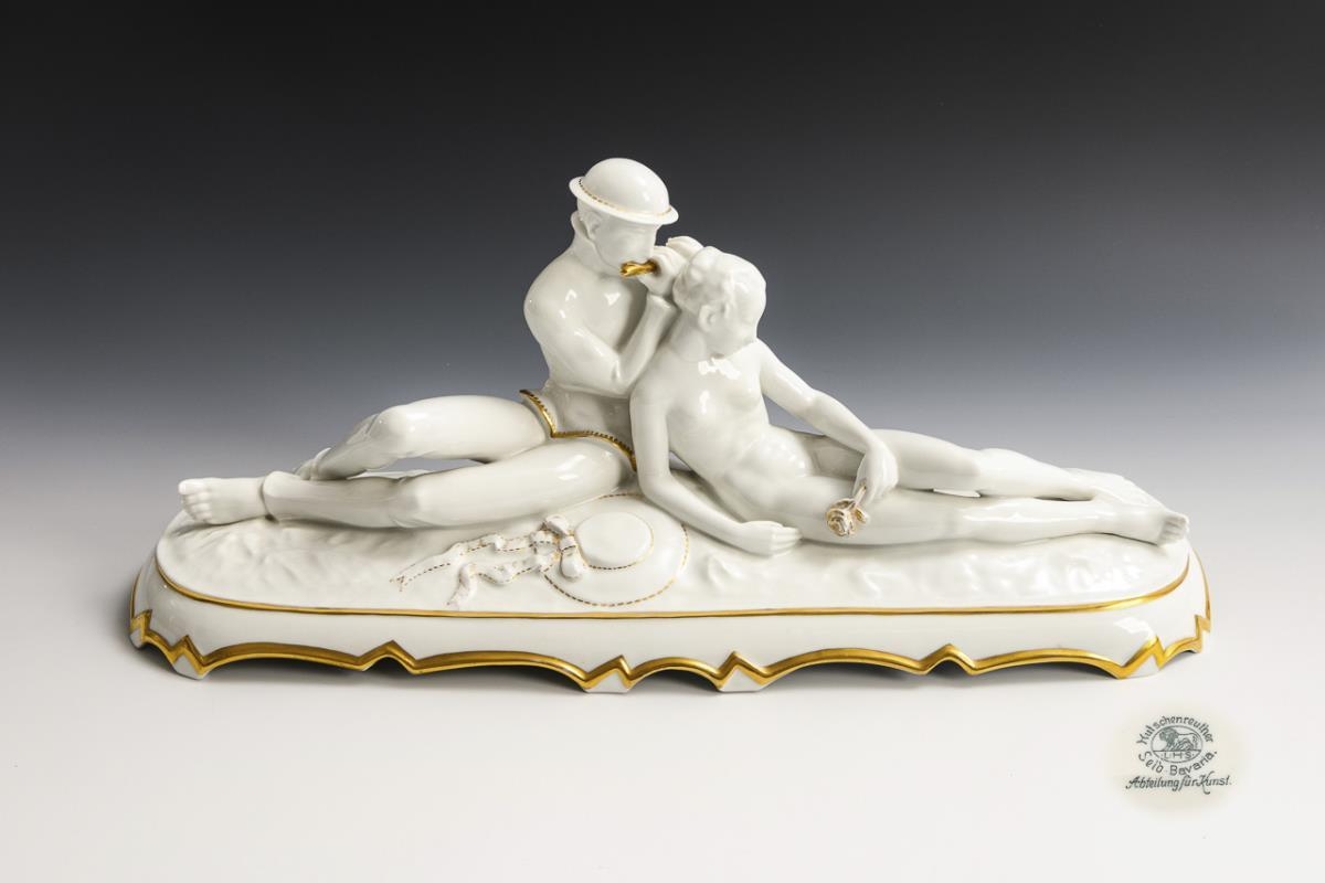 Artwork by Hede Rügemer, Shepherd's Hour, Made of White with gold staffage on an oblong plinth