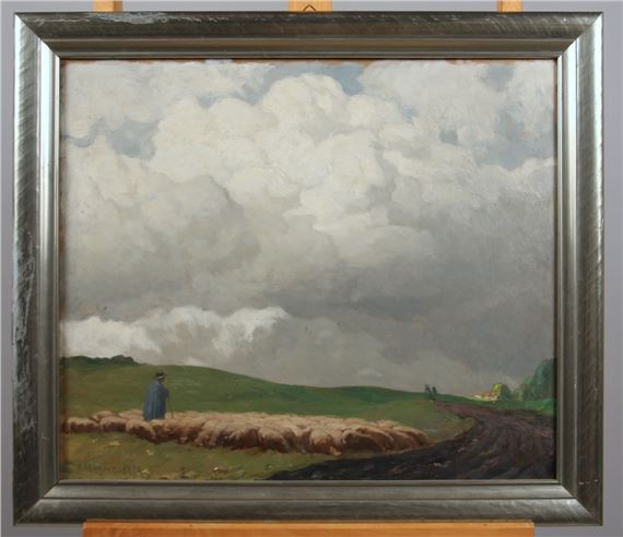 Schäfer mit seiner Herde in der wolkenverhangenen Landschaft by Albert Stagura, 1934