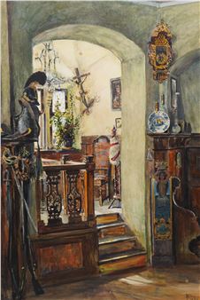 G F Day (British 20th century): Interior Scene of a Collector's Study - G. F. Day