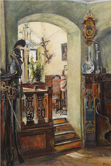 G F Day (British 20th century): Interior Scene of a Collector's Study - G. F. Day