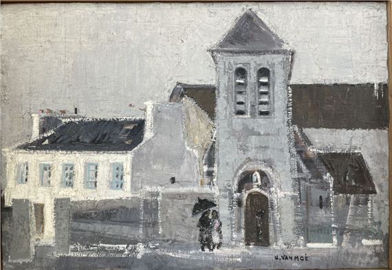 Henri Van Moé (1930-1989) Paysage - L'église de Clichy, Oil on canvas Signed lower right Titled on back H: 37.5x54.5 cm (Slightly missing) by Henri Van Moé