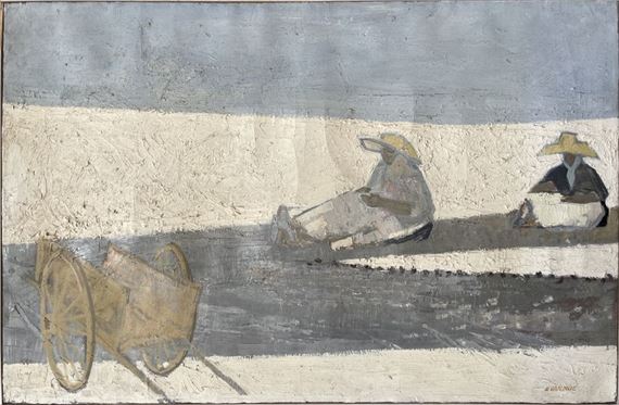 Henri Van Moé (1930-1989) Les ramodeuses, Oil on canvas Signed lower right Titled on back H: 60x91.5 cm (As is, small cracks)