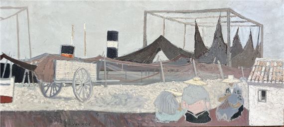 Henri Van Moé (1930-1989) Les ravaudeuses, Oil on canvas Signed lower left Titled on back H: 45x100 cm by Henri Van Moé