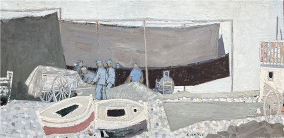 Henri Van Moé (1930-1989) Les filets, Oil on canvas Signed lower right Titled on back H: 50x100 cm