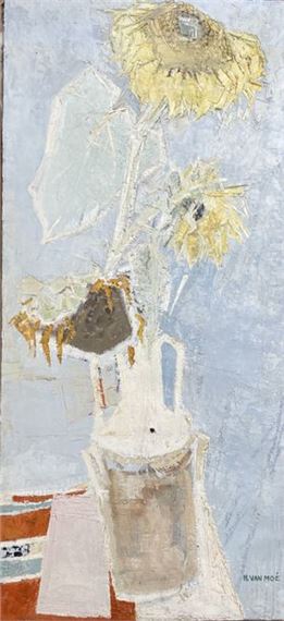 Henri Van Moé (1930-1989) Sunflowers, Oil on canvas Signed lower right Titled on back H: 107.5x49.5 cm - Henri Van Moé